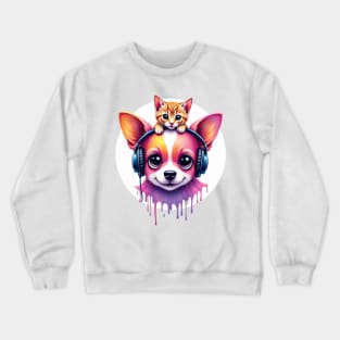 Cute dog with headphones and a cute cat on his head for both cat and dog lovers Crewneck Sweatshirt